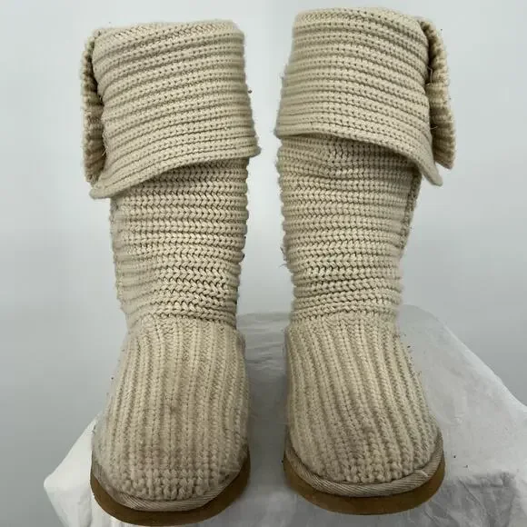 Women's UGG Australia Classic Cardy Sz 7 Knit Sweater Cream Woven‎ Button Boots - Picture 2 of 10